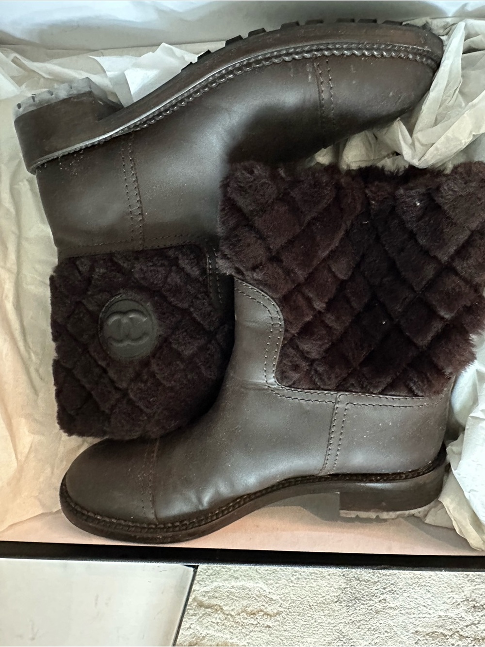 CHANEL Brown Quilted Shearling-Trim Leather Ankle Boots